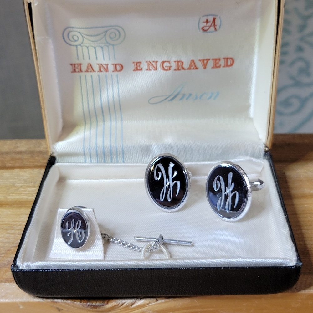 Vintage Anson Letter H Engraved Cufflinks & Tie Tack In Original Box